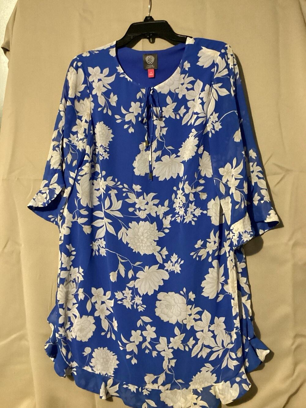 Vince Camuto Tropical Blue/White Floral Print Top Maxi Style SZ 12 Qtr.Sleeve